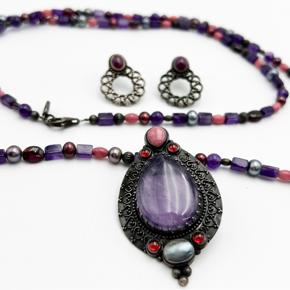 Carolyn Pollack Amethyst Sterling Silver Semi Precious Stone Necklace Earrings